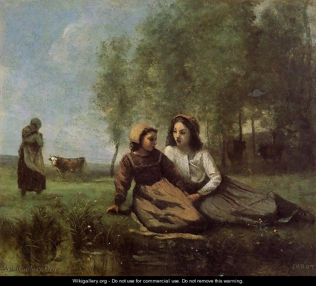 Two Cowherds in a Meadow by the Water - Jean-Baptiste-Camille Corot