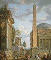 A capriccio with figures gathered around the Obelisk of Augustus, a view of the Pantheon, the Statue of Marcus Aurelius and the Temple of Sybil, Tivol - Giovanni Paolo Panini