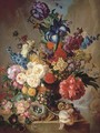 Roses, peonies, irises, hollyhocks, narcissi, blazing star, primulas, marigolds and other flowers with a Five-spot burnet moth in a vase - George Jacobus Johannes Van Os