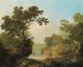 A wooded River Landscape with Figures, a cottage beyond - George, of Chichester Smith