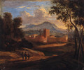 An Italianate landscape with travellers on a track, a walled town beyond - (after) Karel Dujardin