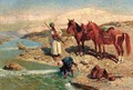 Arab horsemen washing by a river - Franz Roubaud