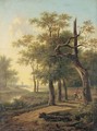 A hunter and his dog in a wooded river landscape, a windmill and boats beyond - Frans Swagers