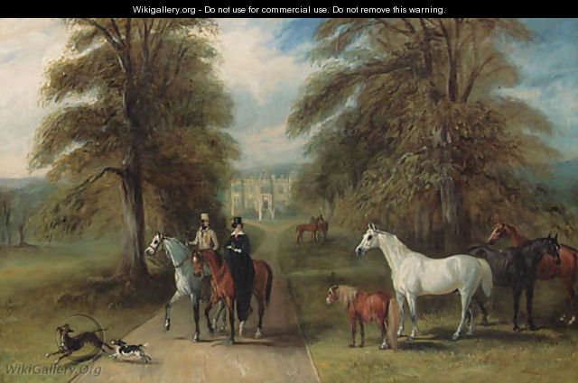 A Lady and a Gentleman setting out riding, in the park of a country house, possibly Barlborough Hall, Derbyshire, visible through an avenue of trees - John Jnr. Ferneley