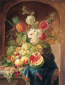 Melons, grapes, a lemon, peaches, plums, cherries, white currants, gooseberries, a bird's nest, a pineapple and hollyhocks on a draped marble ledge - Johannes Hendrick Fredriks