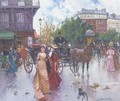 Elegant figures before a carriage in a Parisienne square - Joan Roig Soler