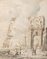 A Mediterranean harbour scene with figures by a gate, a Dutch man o