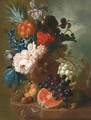 A peony, an iris, a pineapple, blackberries, narcissi and other flowers in a terracotta vase, with a bird's nest, a mouse, a melon, grapes and walnuts - Jan van Os
