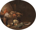 A kitchen interior with a hare and a mallard on a table by a basket with fish on a terracotta plate, apples, artichokes and other vegetables - Jan Olis