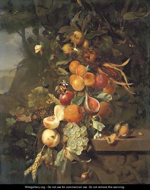 Peaches, apricots, grapes, oranges, blackberries, sheafs of corn and a pomegranate on a plinth with a sculpted relief, with butterflies - Jan Mortel