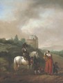 A man on a white horse conversing with a woman and children on a track, a house beyond - Philips Wouwerman