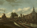 The 'Haarlemmer Poort' in Amsterdam with figures on a road and in boats - Thomas Heeremans