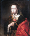 A young woman, small half-length, in a brown dress with a red mantle, a rose in her right hand - Abraham van Dijck