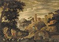 A mountainous river landscape with a shepherd and other figures, a fortress and a house beyond - (after) Agostino Tassi