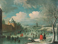 A winter landscape with townsfolk skating on a frozen moat - (after) Jan Griffier I