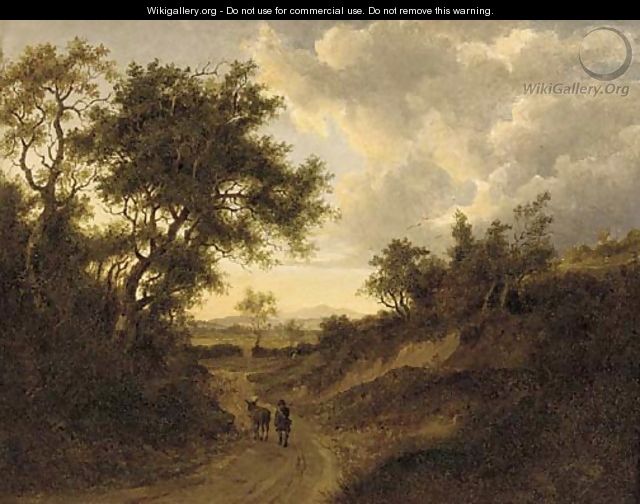 A drover on a wooded track in an extensive landscape - (after) Patrick Nasmyth