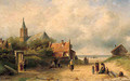 A coastal village with fisherfolk conversing in the foreground - Charles Henri Leickert
