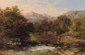 An angler in a wooded river landscape - Charles Branwhite