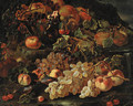 Grapes, apples and pomegranates in a glass bowl with other fruit on a rocky bank - (after) Giovanni Paolo Spadino