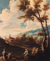 A wooded river landscape with an angler and washerwomen - (after) Alessandro Magnasco
