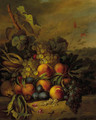 Still life with grapes, peaches and plums in a landscape - Cornelis Johannes Van Hulstijn