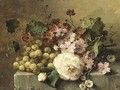 A Still Life With Flowers And Grapes On A Ledge - Margaretha Roosenboom
