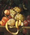 A Still Life With Grapes, Plums, Peaches, Logan Berries, Apricots And A Lemon Together On A Stone Ledge - (after) J.Bourginon