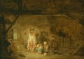 A Barn Interior With Three Children Playing With A Pig