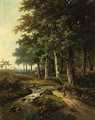 A Wooded Landscape With A Woman Travelling Near A Stream - Hendrik Pieter Koekkoek