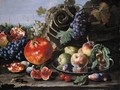Still Life Of Pomegranates, Red And White Grapes, Figs, Plums, Green Figs And Peaches On A Silver Plate - Pietro Navarra