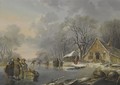 A Winter Landscape With Skaters On A Frozen River Near An Inn - Andries Vermeulen