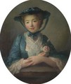 Portrait Of A Young Girl, Half Length, In A Blue Dress And Hat, Holding Roses - (after) Franois-Hubert Drouais