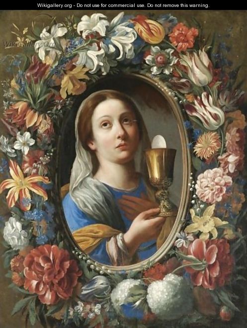 A Garland Of Flowers With A Female Saint Holding The Eucharist, Probably Saint Barbara - Florentine School