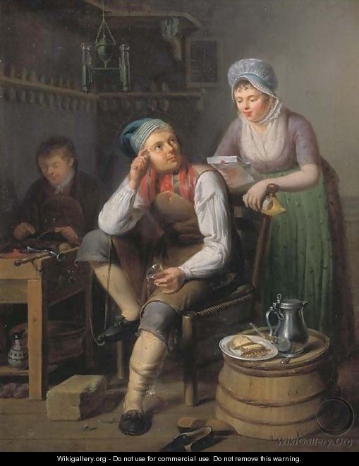 A shoemaker and a cobbler at work, a lady reading a letter nearby ...