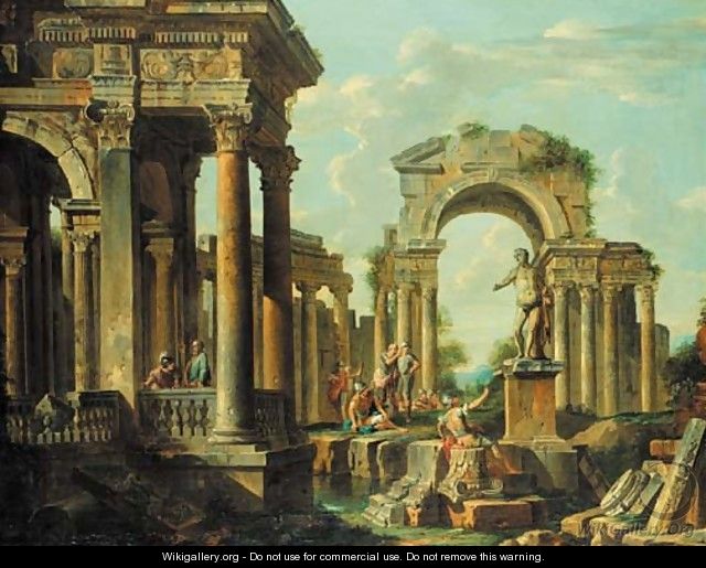 A capriccio of classical ruins with soldiers and other figures ...
