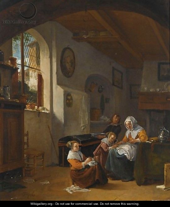 An Interior With A Mother Teaching A Girl To Write, A Young Boy ...