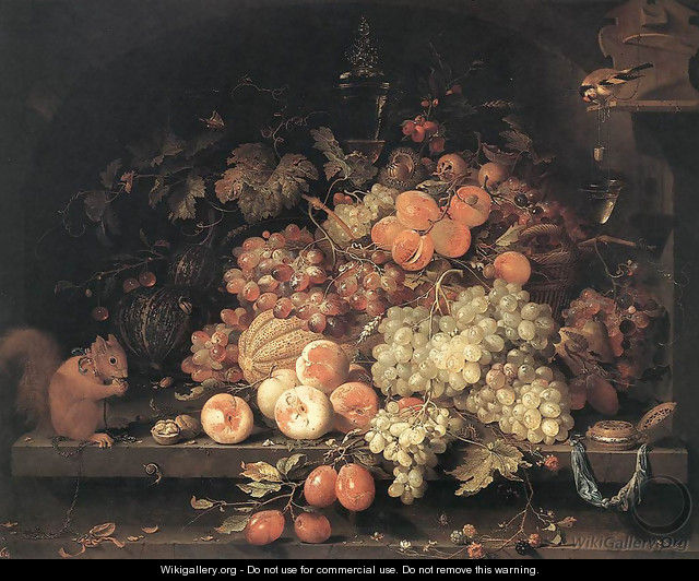 Fruit Still-Life with Squirrel and Goldfinch - Abraham Mignon