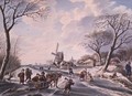 Dutch winter garden scene of windmill and skaters - W.F. Christ