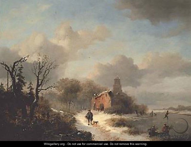 Winter landscape with peasant and figures on ice - Frederick Marianus