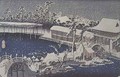 Snow at night a scene depicting a house river and ornamental garden under falling snow from the series 53 Stations of the Tokaido - Utagawa or Ando Hiroshige