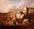 18th Century Town Scene with Figures and Horses in a Yard - George Garrard