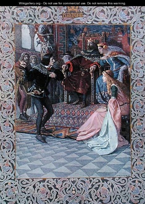 Hamlet before King Claudius, Queen Gertrude and Ophelia, scene from Hamlet by William Shakespeare 1564-1616 c.1900 - Christian August Printz