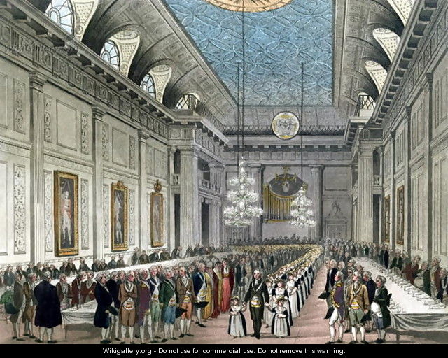 The Procession at Freemasons Hall, Queen Street, on the occasion of the Annual Dinner for young girls assisted by the Order, from Ackermanns Microcosm of London - & Pugin, A.C. Rowlandson, T.