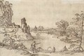 A landscape with boatmen by a lake and a village seen beyond - Giovanni Francesco Grimaldi