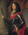 Portrait of Prince Edward of the Palatinate (1625-1663), three-quarter-length, in armour and a red mantle, a baton in his right hand, before a column - Gerrit Van Honthorst