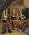 A music party in an elegant interior, seen past a trompe l'oeil curtain - Hendrik Carree