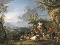 A landscape with travelers and a drover with his herd of goats on a path, a town beyond - Francesco Giuseppe Casanova