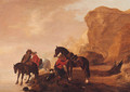 Horsemen crossing a river in a rocky landscape - (after) Philips Wouwerman