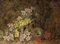 Hawthorn blossom, primroses and a bird's nest on a mossy bank - George Clare