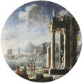 A capriccio of architectural ruins with figures by a fountain - Gennaro Greco